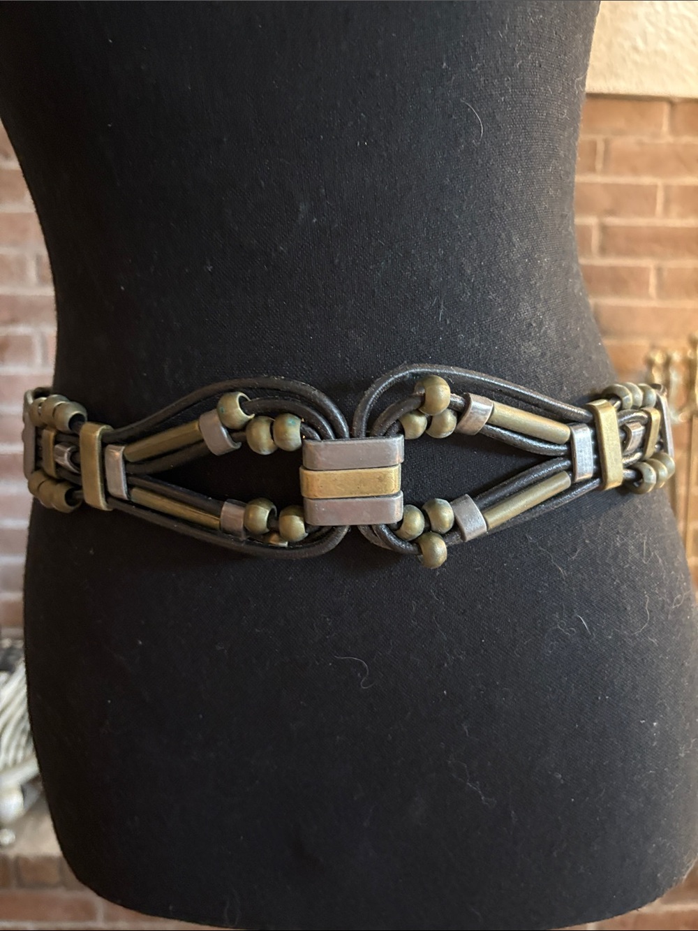 Vintage Black and Brass-Tone Beaded Waist Belt